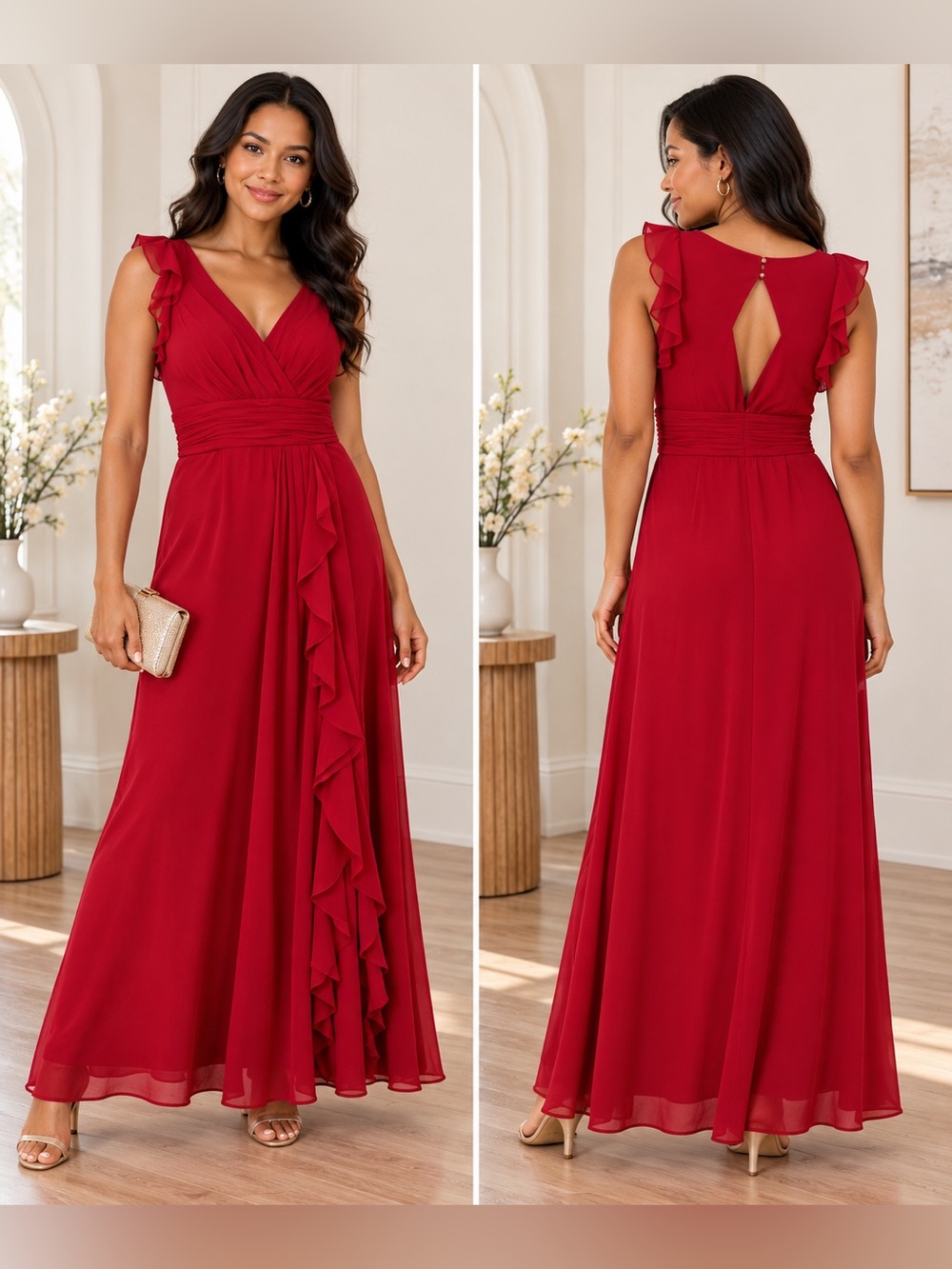 Azazie Burgundy Chiffon Ruffle Bridesmaid Maxi Gown Keyhole Back A8